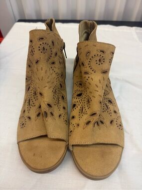Coolway Tan Suede Peep-Toe Laser-Cut Ankle Mules